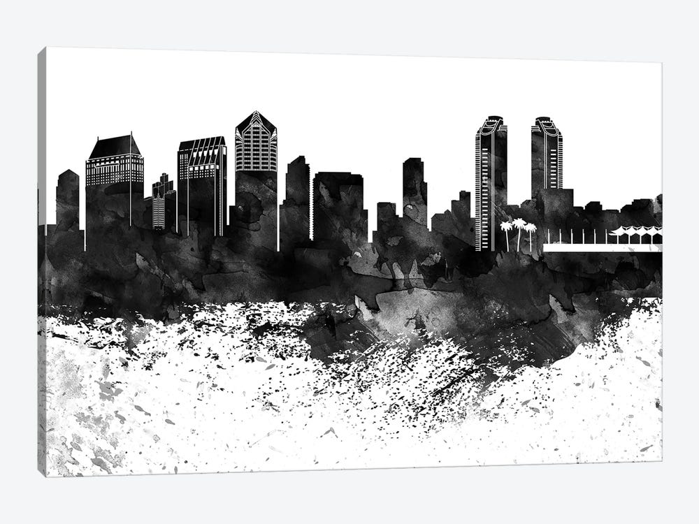 San Diego Skyline Black & White, Drops by WallDecorAddict 1-piece Canvas Print