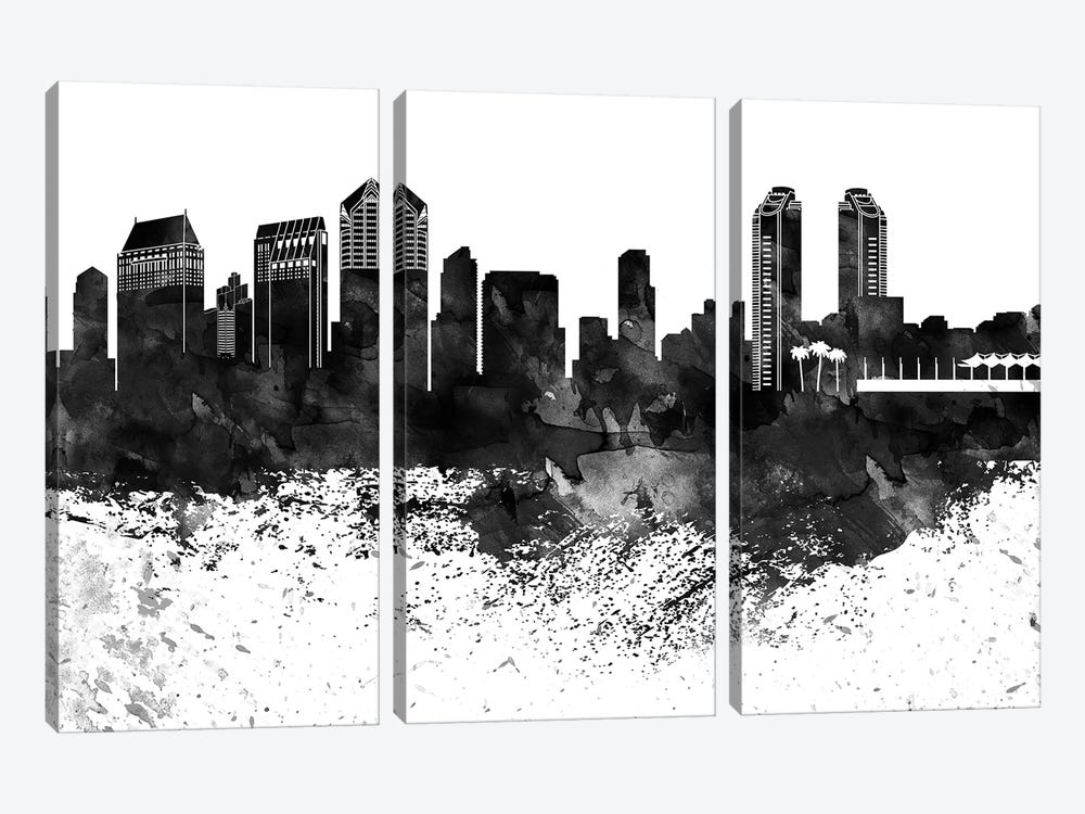 San Diego Skyline Black & White, Drops by WallDecorAddict 3-piece Art Print