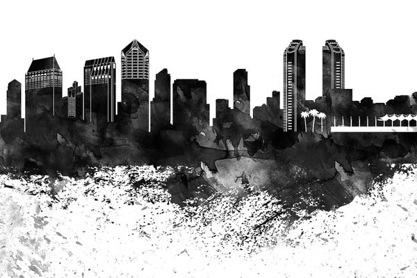 San Diego Skylines: San Diego Skyline Black & White, Drops by WallDecorAddict