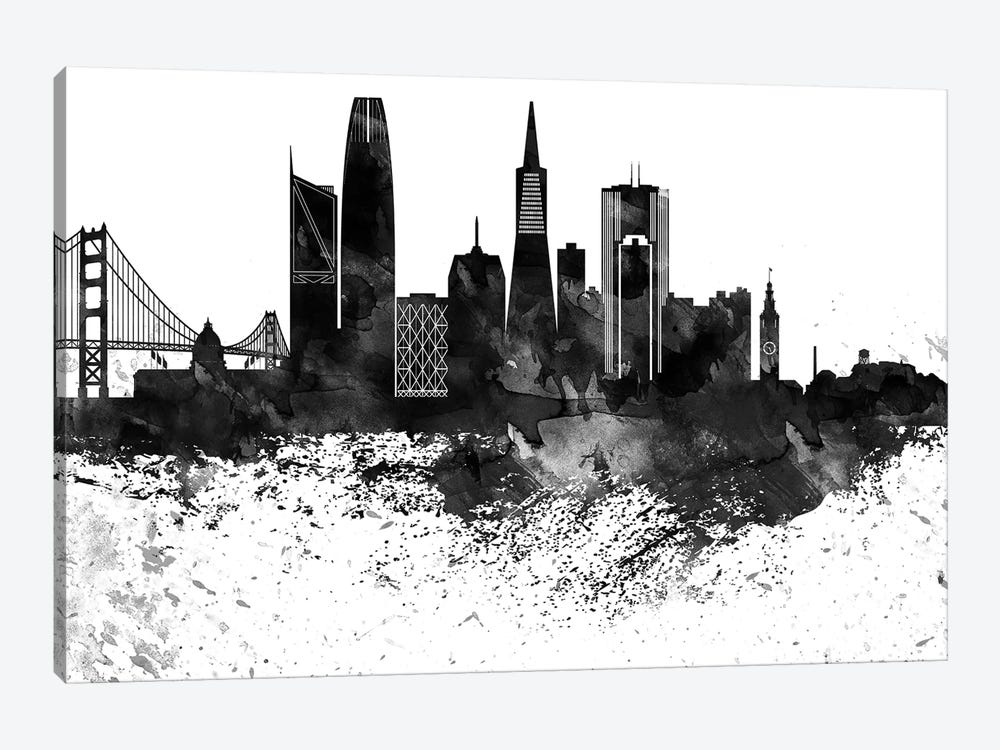 San Francisco Skyline Black & White, Drops by WallDecorAddict 1-piece Canvas Art
