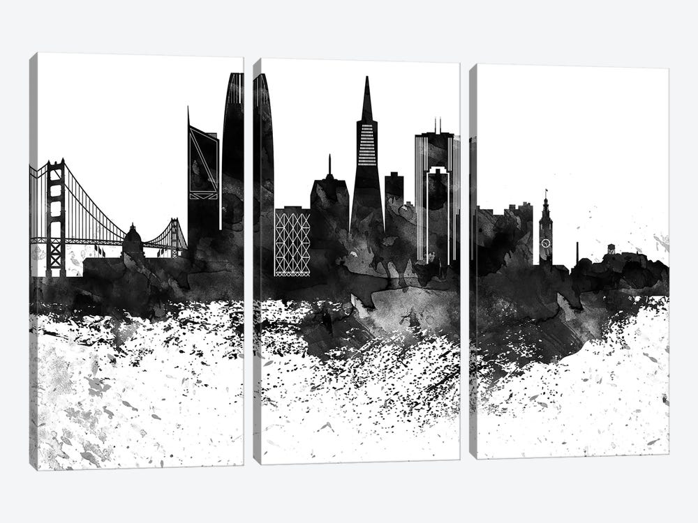 San Francisco Skyline Black & White, Drops by WallDecorAddict 3-piece Canvas Artwork