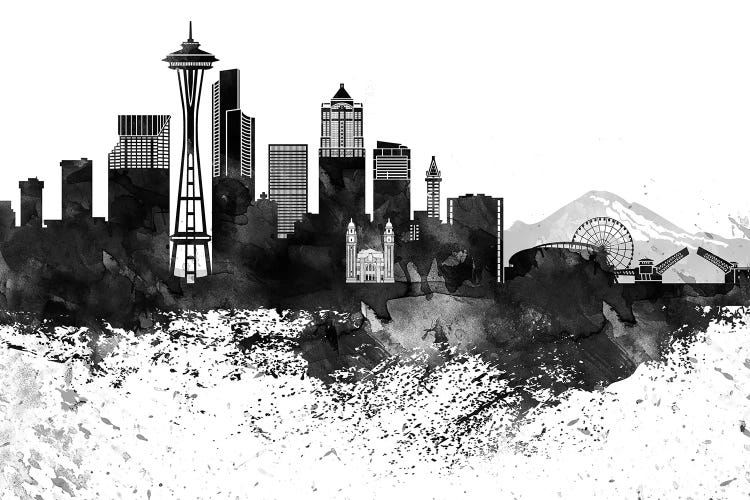 Seattle Skyline Black & White, Drops by WallDecorAddict wall art
