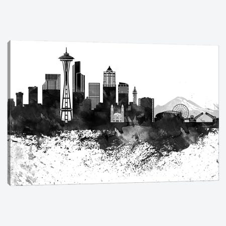 Seattle Skyline Black & White, Drops Canvas Print #WDA1234} by WallDecorAddict Canvas Artwork