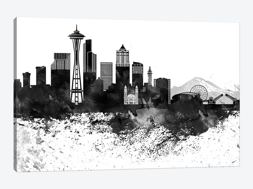 Seattle Skyline Black & White, Drops by WallDecorAddict 1-piece Canvas Artwork
