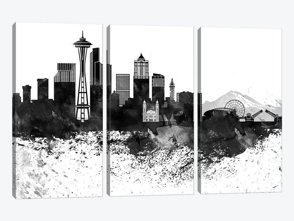 Seattle Skyline Black & White, Drops by WallDecorAddict 3-piece Canvas Wall Art