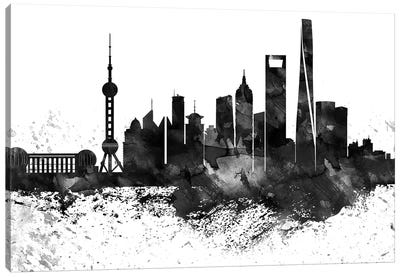 Shanghai Skyline Black & White, Drops Canvas Art Print - WallDecorAddict