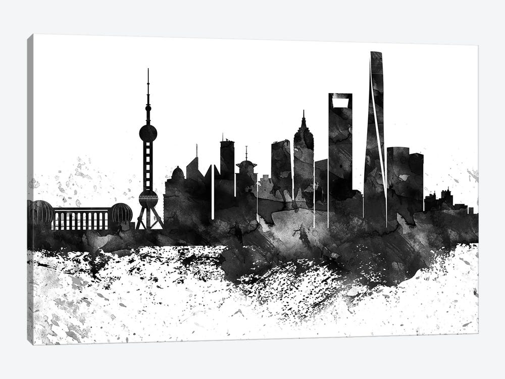 Shanghai Skyline Black & White, Drops by WallDecorAddict 1-piece Canvas Artwork
