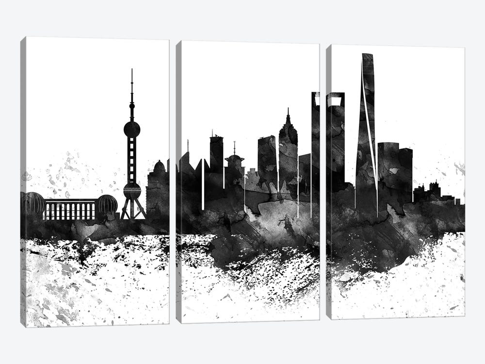 Shanghai Skyline Black & White, Drops by WallDecorAddict 3-piece Canvas Art