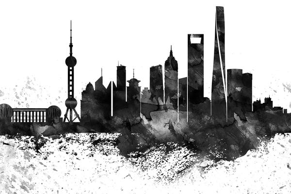 Black & White Digital Art: Shanghai Skyline Black & White, Drops by WallDecorAddict