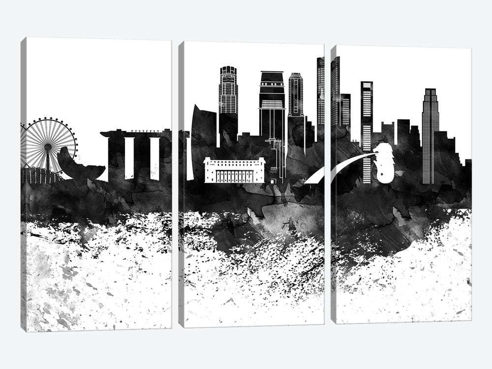 Singapore Skyline Black & White, Drops by WallDecorAddict 3-piece Art Print