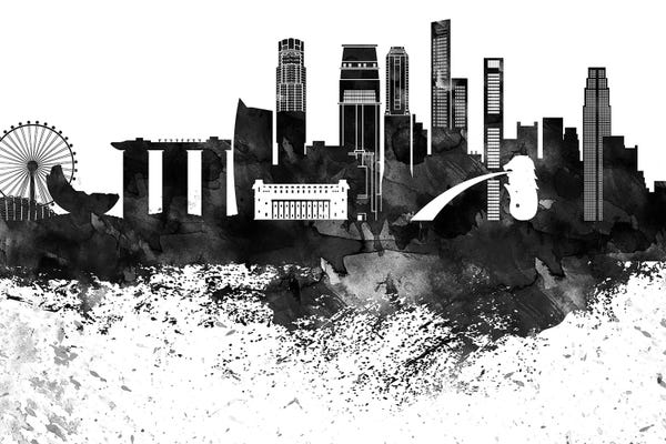Singapore: Singapore Skyline Black & White, Drops by WallDecorAddict