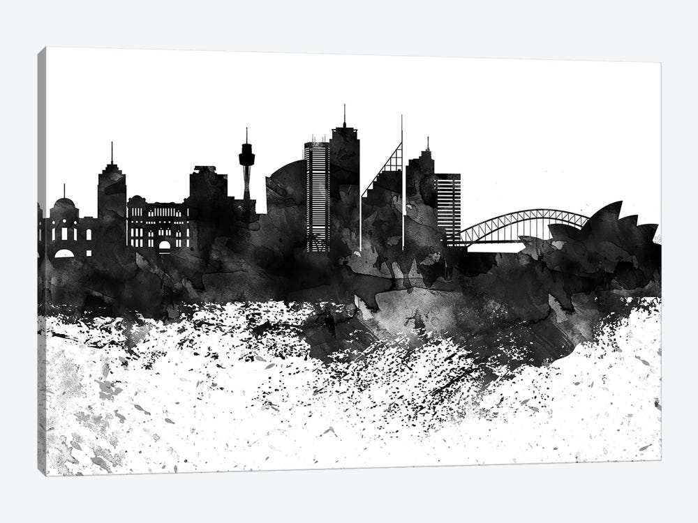 Sydney Skyline Black & White, Drops by WallDecorAddict 1-piece Canvas Print