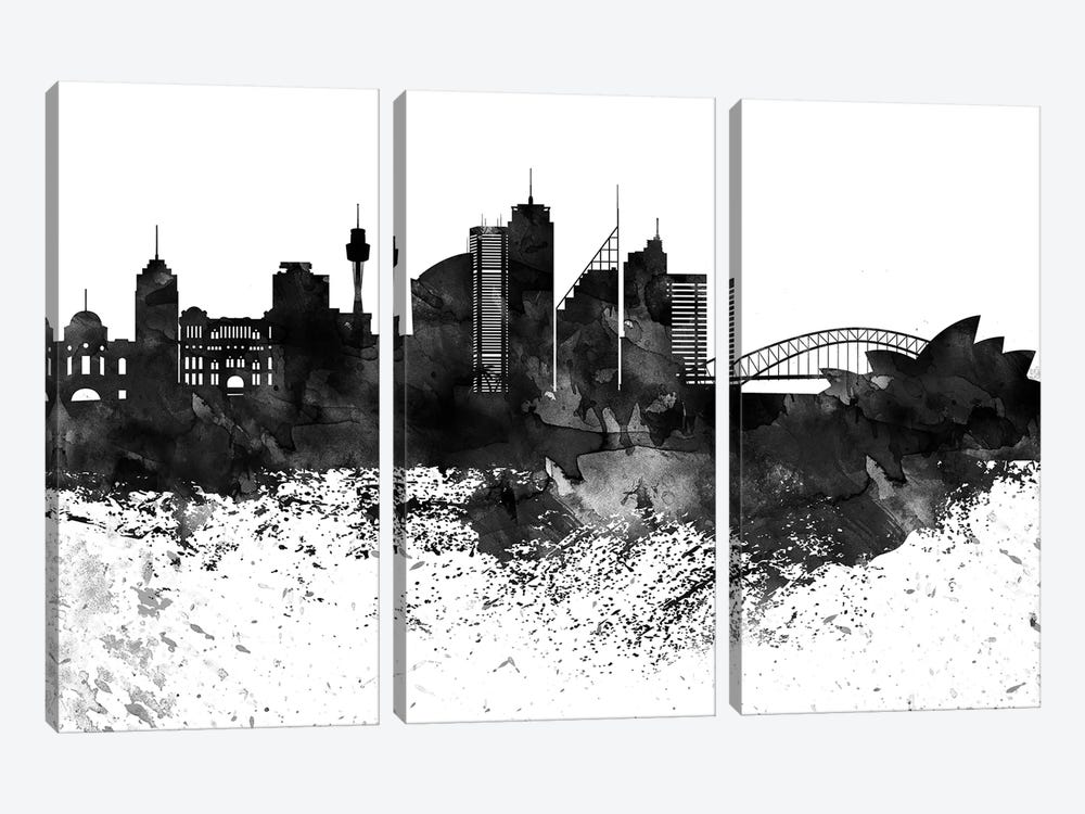 Sydney Skyline Black & White, Drops by WallDecorAddict 3-piece Art Print