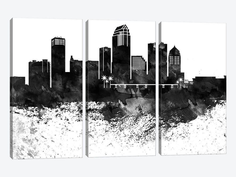 Tampa Skyline Black & White, Drops by WallDecorAddict 3-piece Canvas Artwork