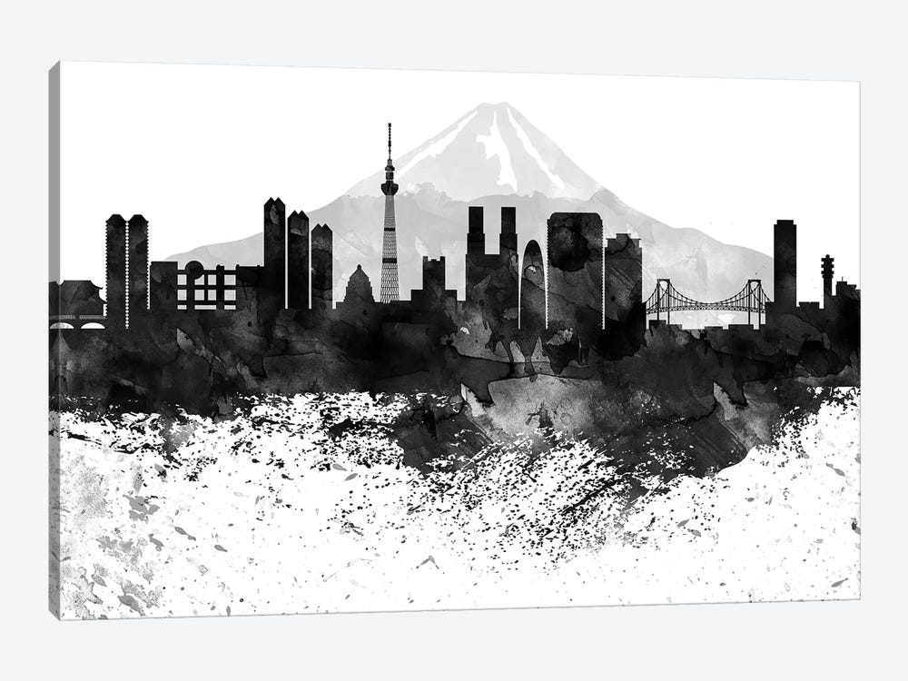 Tokyo Skyline Black & White, Drops by WallDecorAddict 1-piece Canvas Art Print