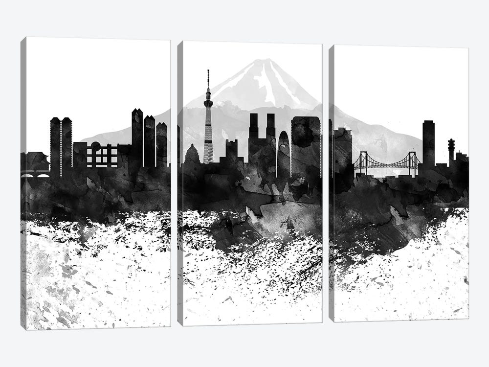 Tokyo Skyline Black & White, Drops by WallDecorAddict 3-piece Canvas Art Print