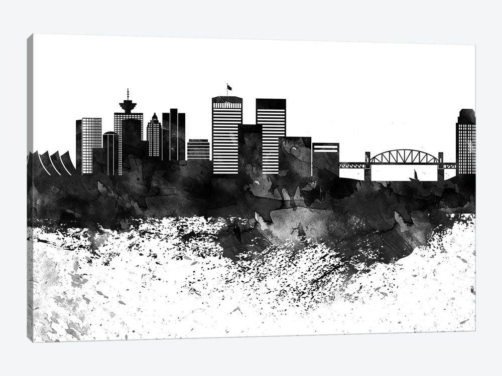 Vancouver Skyline Black & White Drops by WallDecorAddict 1-piece Canvas Art