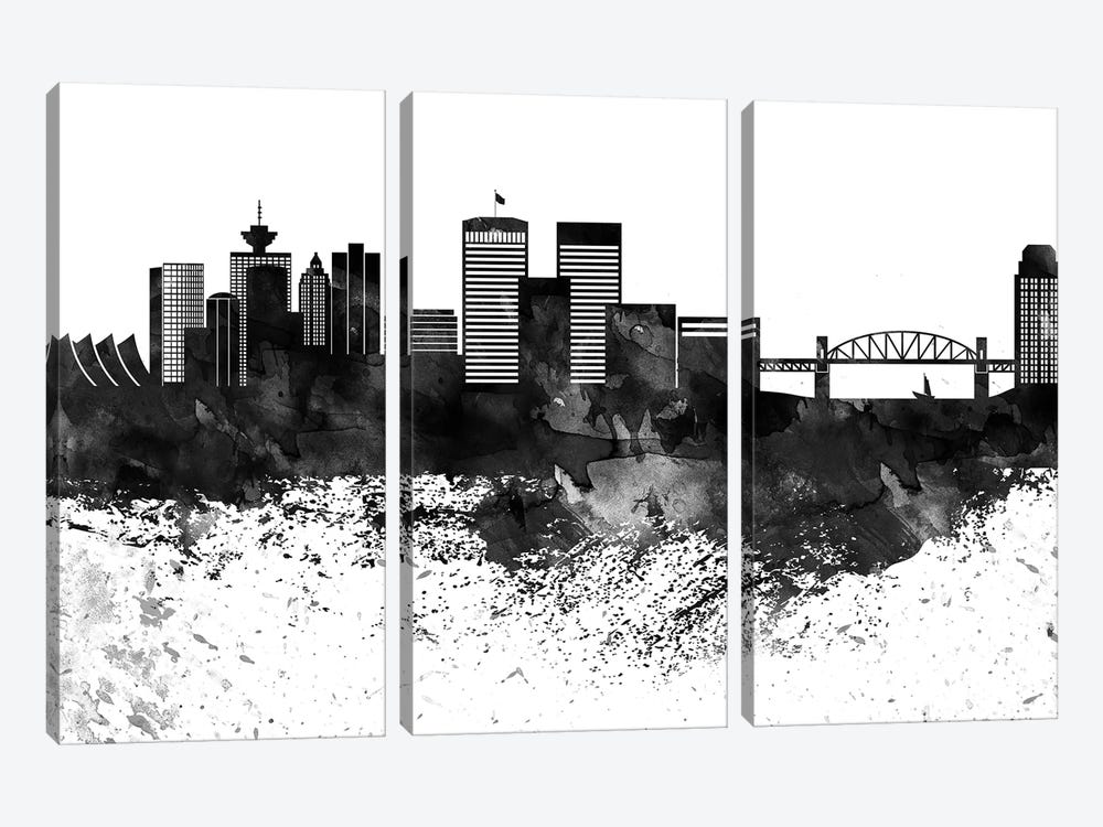 Vancouver Skyline Black & White Drops by WallDecorAddict 3-piece Canvas Art