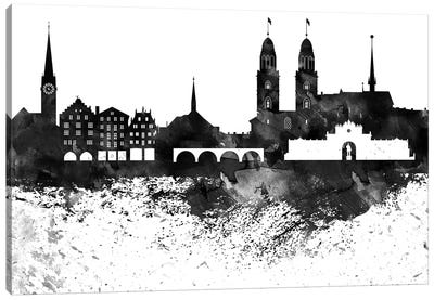 Zurich Skyline Black & White Drops Canvas Art Print - Zurich