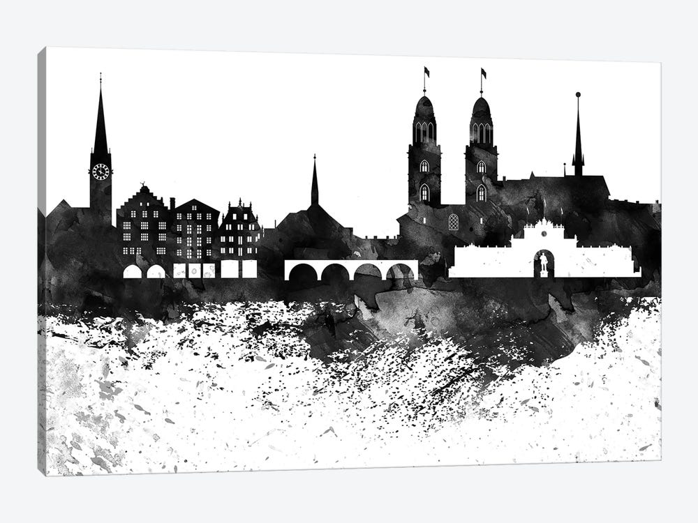 Zurich Skyline Black & White Drops by WallDecorAddict 1-piece Canvas Art