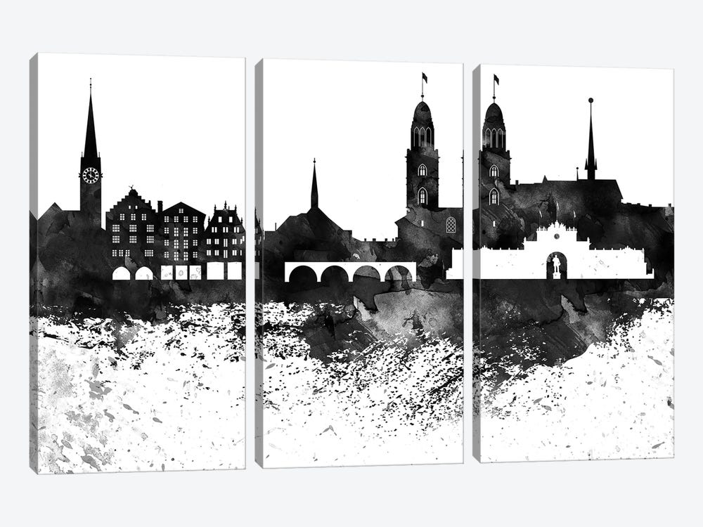 Zurich Skyline Black & White Drops by WallDecorAddict 3-piece Canvas Wall Art