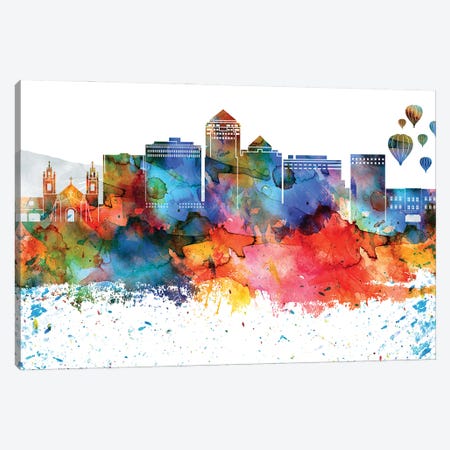 Albuquerque Colorful Watercolor Skyline Canvas Print #WDA1255} by WallDecorAddict Canvas Art