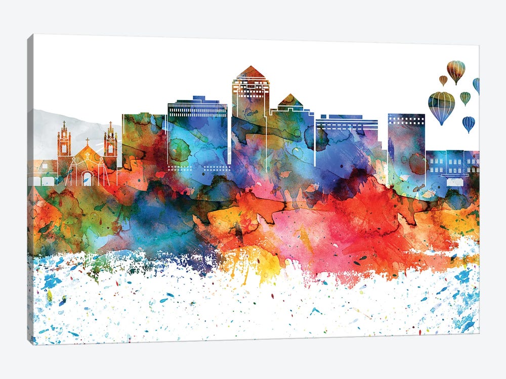 Albuquerque Colorful Watercolor Skyline 1-piece Canvas Art Print