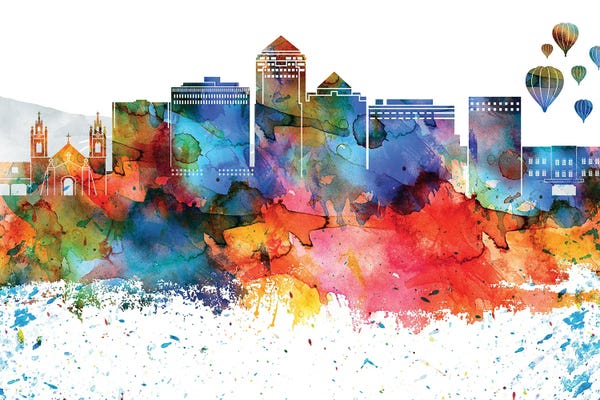 Albuquerque: Albuquerque Colorful Watercolor Skyline by WallDecorAddict