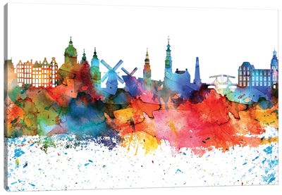 Amsterdam Colorful Watercolor Skyline Canvas Art Print - Amsterdam Art