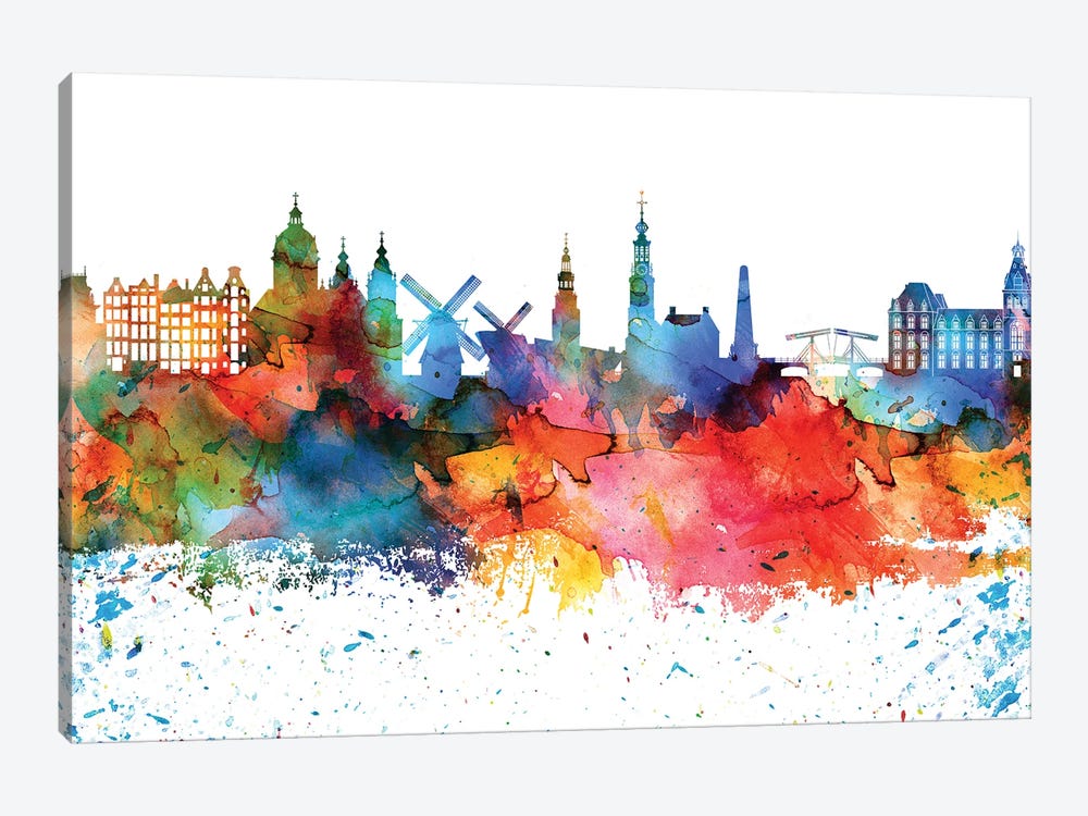 Amsterdam Colorful Watercolor Skyline by WallDecorAddict 1-piece Canvas Wall Art