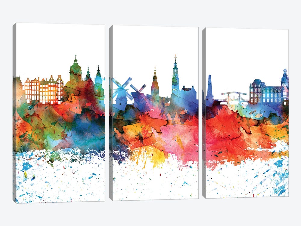 Amsterdam Colorful Watercolor Skyline by WallDecorAddict 3-piece Canvas Wall Art