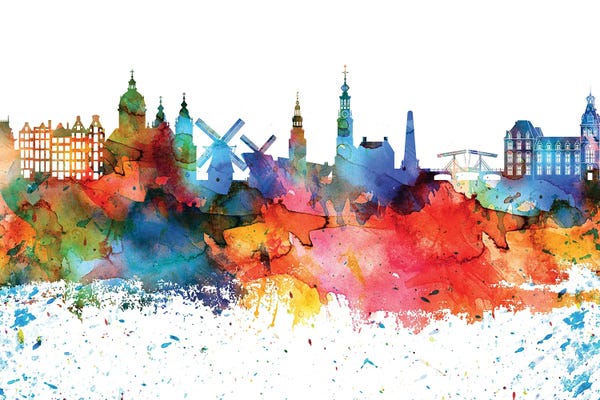 Amsterdam: Amsterdam Colorful Watercolor Skyline by WallDecorAddict