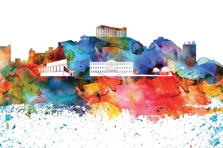 Athens Colorful Watercolor Skyline by WallDecorAddict wall art