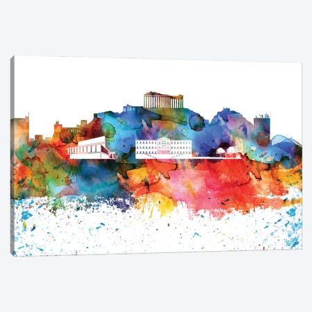 Athens Colorful Watercolor Skyline Canvas Print #WDA1258} by WallDecorAddict Canvas Art Print