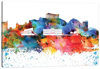 Athens Colorful Watercolor Skyline Canvas Art Print - Athens Art