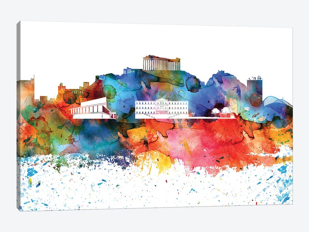 Athens Colorful Watercolor Skyline by WallDecorAddict 1-piece Canvas Art