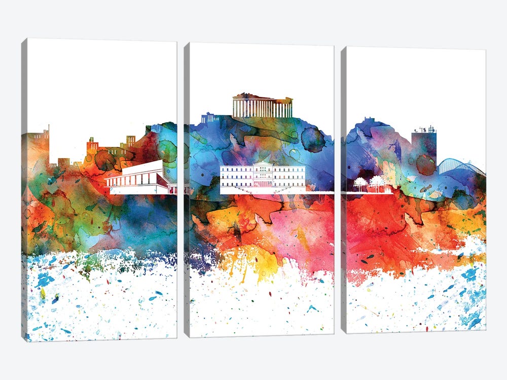 Athens Colorful Watercolor Skyline by WallDecorAddict 3-piece Canvas Wall Art