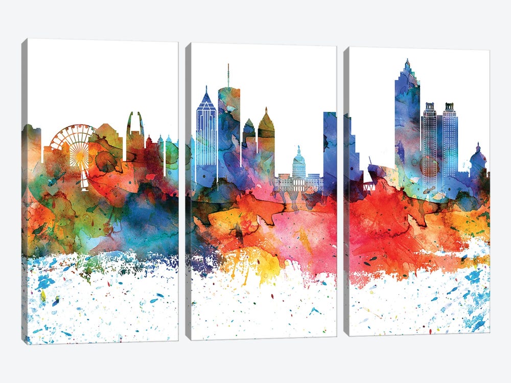 Atlanta Colorful Watercolor Skyline by WallDecorAddict 3-piece Canvas Art Print