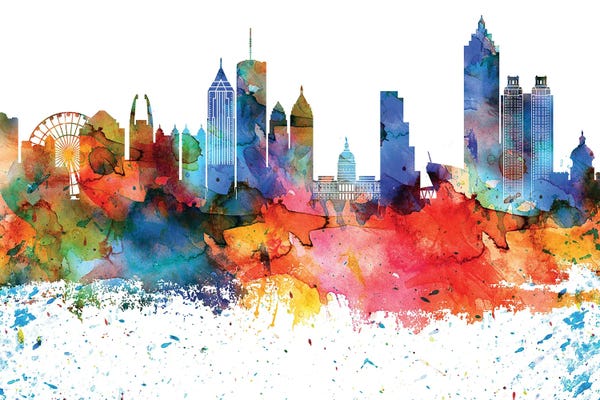 WallDecorAddict: Atlanta Colorful Watercolor Skyline by WallDecorAddict