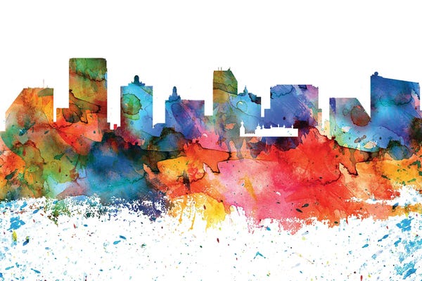 New Jersey: Atlantic City Colorful Watercolor Skyline by WallDecorAddict