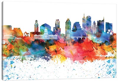 Austin Colorful Watercolor Skyline Canvas Art Print - Austin Art