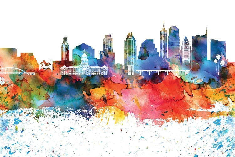 Austin Colorful Watercolor Skyline by WallDecorAddict wall art
