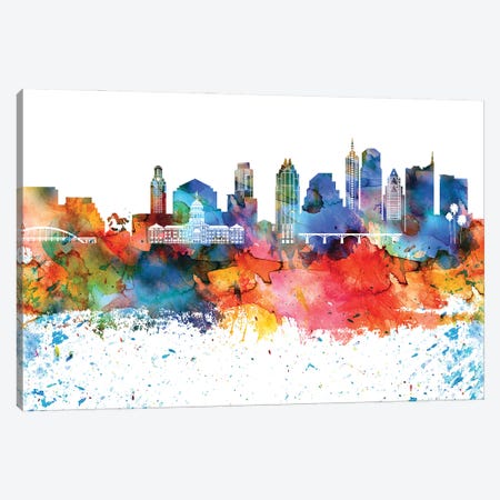 Austin Colorful Watercolor Skyline Canvas Print #WDA1262} by WallDecorAddict Canvas Artwork