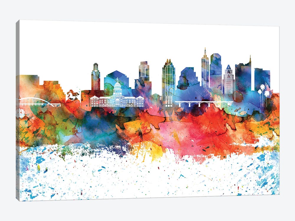 Austin Colorful Watercolor Skyline by WallDecorAddict 1-piece Canvas Art Print