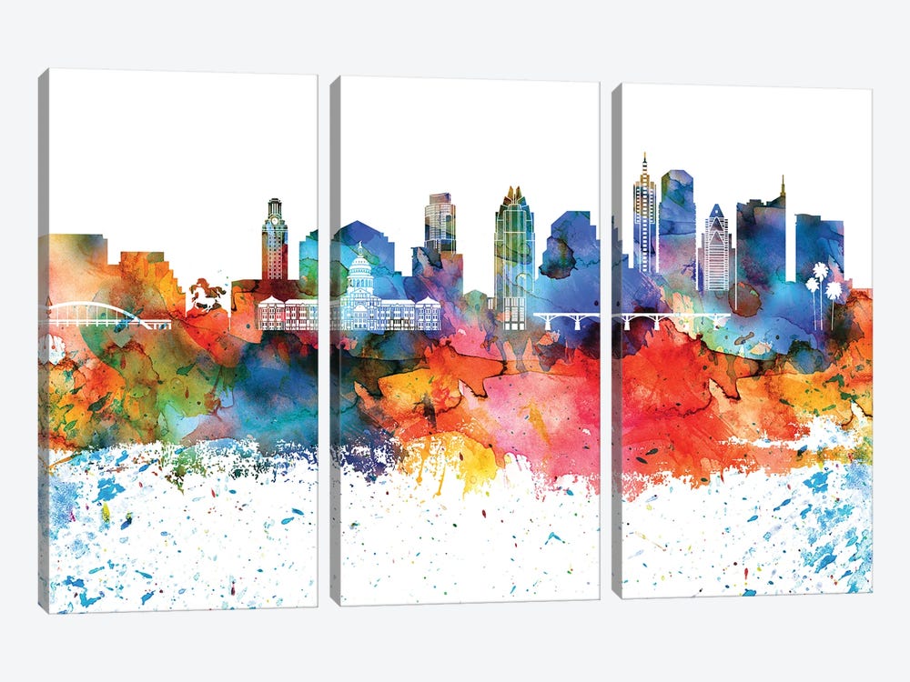 Austin Colorful Watercolor Skyline by WallDecorAddict 3-piece Canvas Art Print