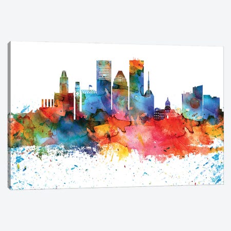 Baltimore Colorful Watercolor Skyline Canvas Print #WDA1263} by WallDecorAddict Canvas Art
