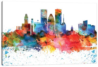 Baltimore Colorful Watercolor Skyline Canvas Art Print - Maryland Art