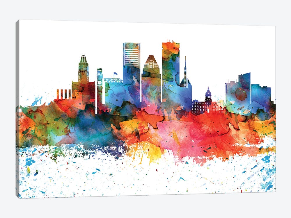 Baltimore Colorful Watercolor Skyline by WallDecorAddict 1-piece Canvas Artwork