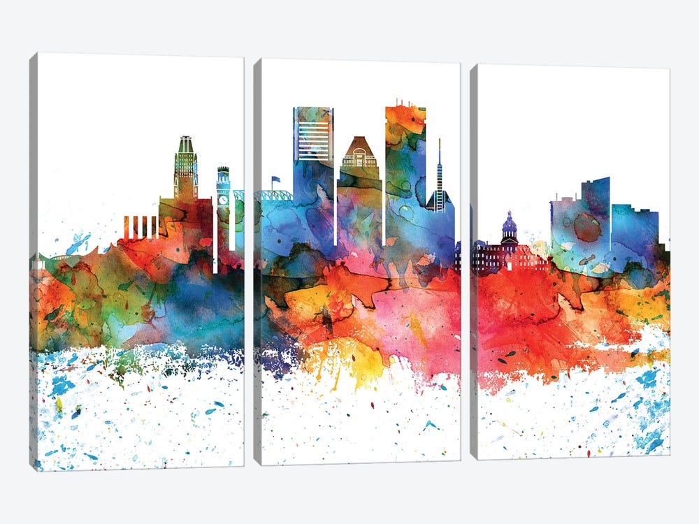 Baltimore Colorful Watercolor Skyline by WallDecorAddict 3-piece Canvas Wall Art