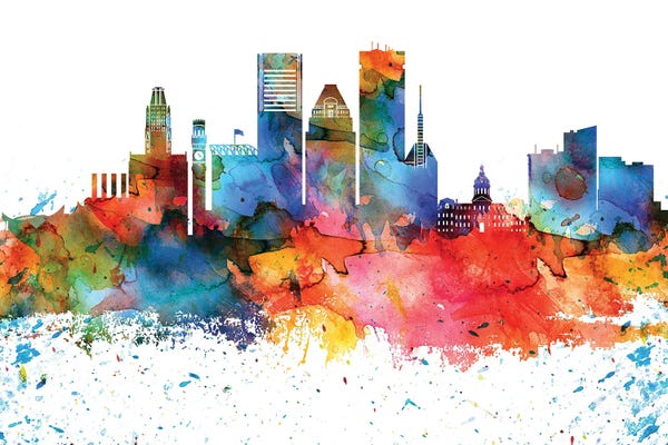 Maryland: Baltimore Colorful Watercolor Skyline by WallDecorAddict